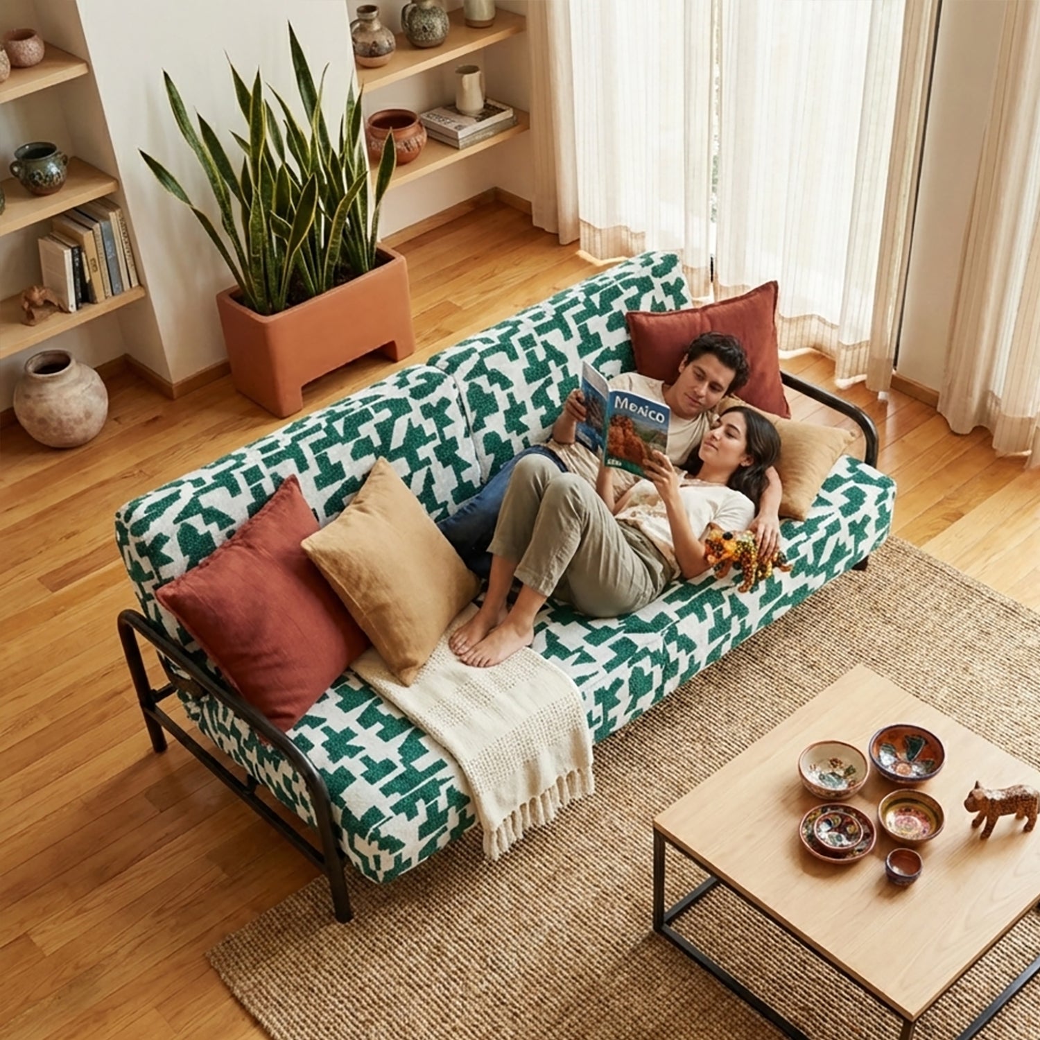 Cyber Homemake ● Multifuncional Sofá-Cama con Muelles (Geometría verde y blanca)
