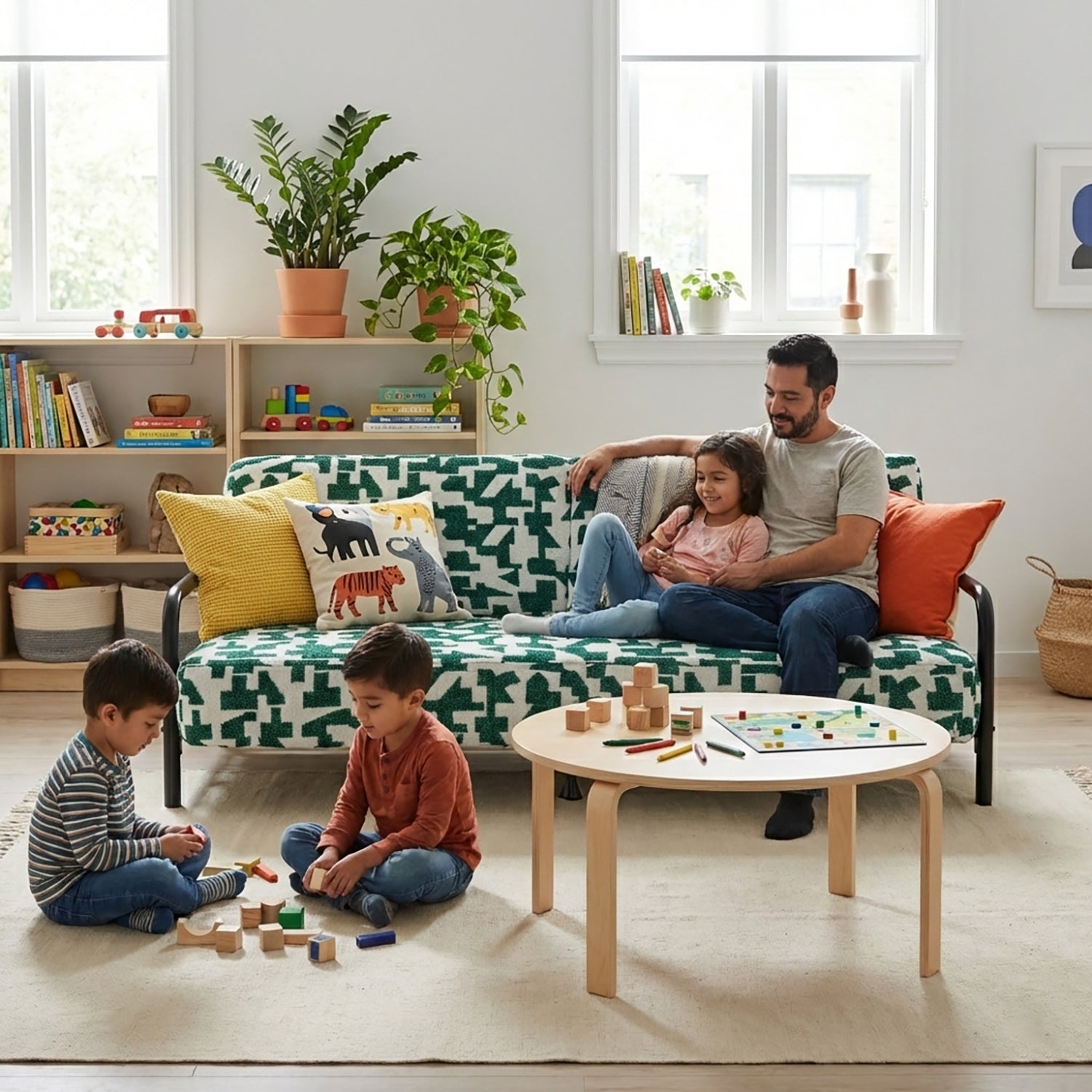 Cyber Homemake ● Multifuncional Sofá-Cama con Muelles (Geometría verde y blanca)