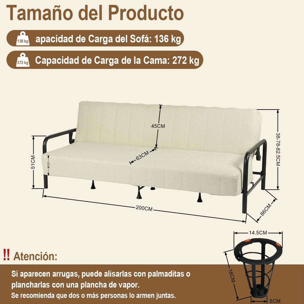 Sofá Cama Multifuncional: Tres ángulos Ajustables + Estructura de Muelles (Beige)