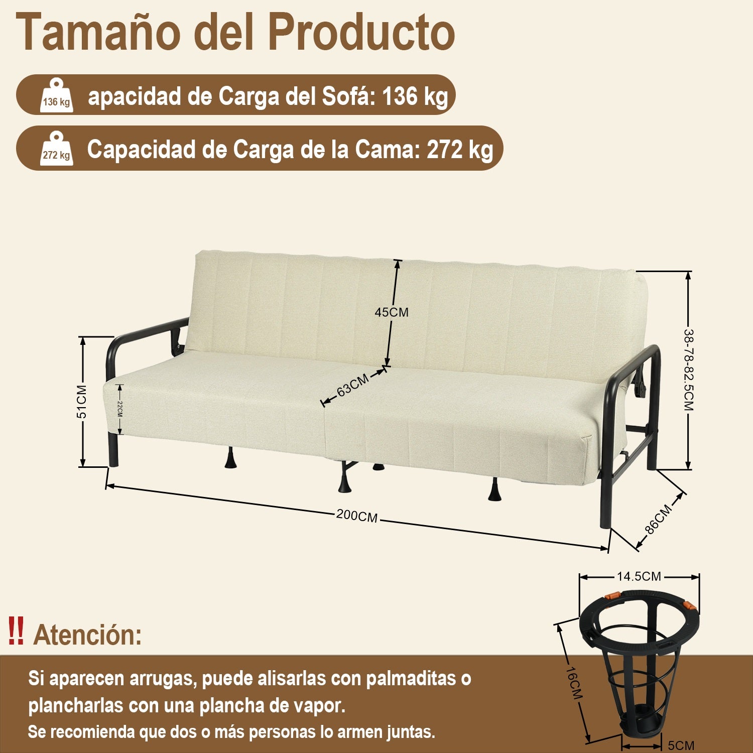 Sofá Cama Multifuncional: Tres ángulos Ajustables + Estructura de Muelles (Beige)