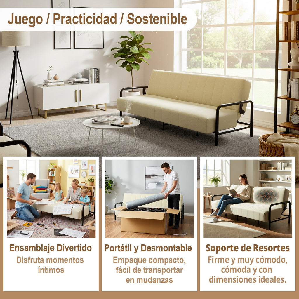 Sofá Cama Multifuncional: Tres ángulos Ajustables + Estructura de Muelles (Beige)