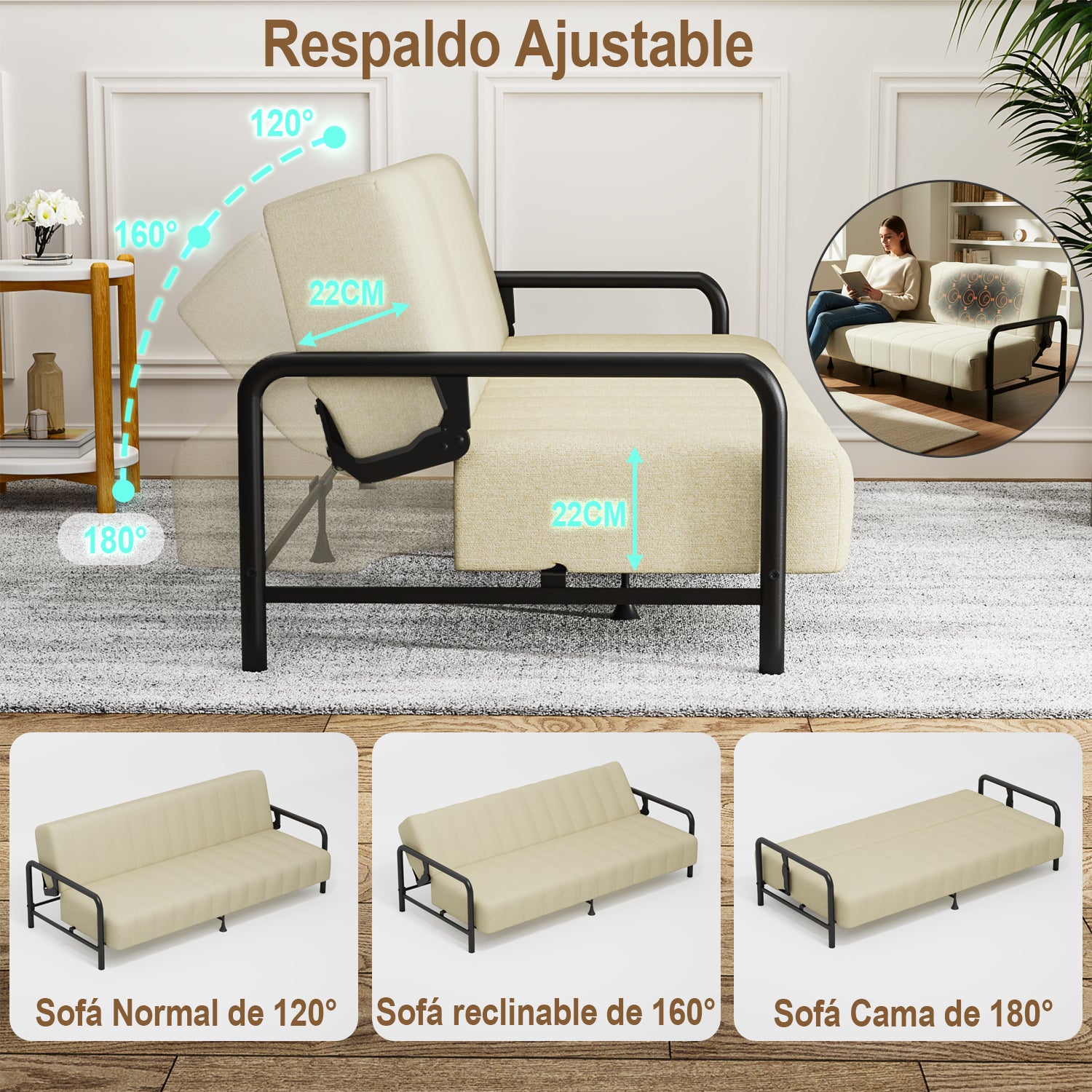 Sofá Cama Multifuncional: Tres ángulos Ajustables + Estructura de Muelles (Beige)