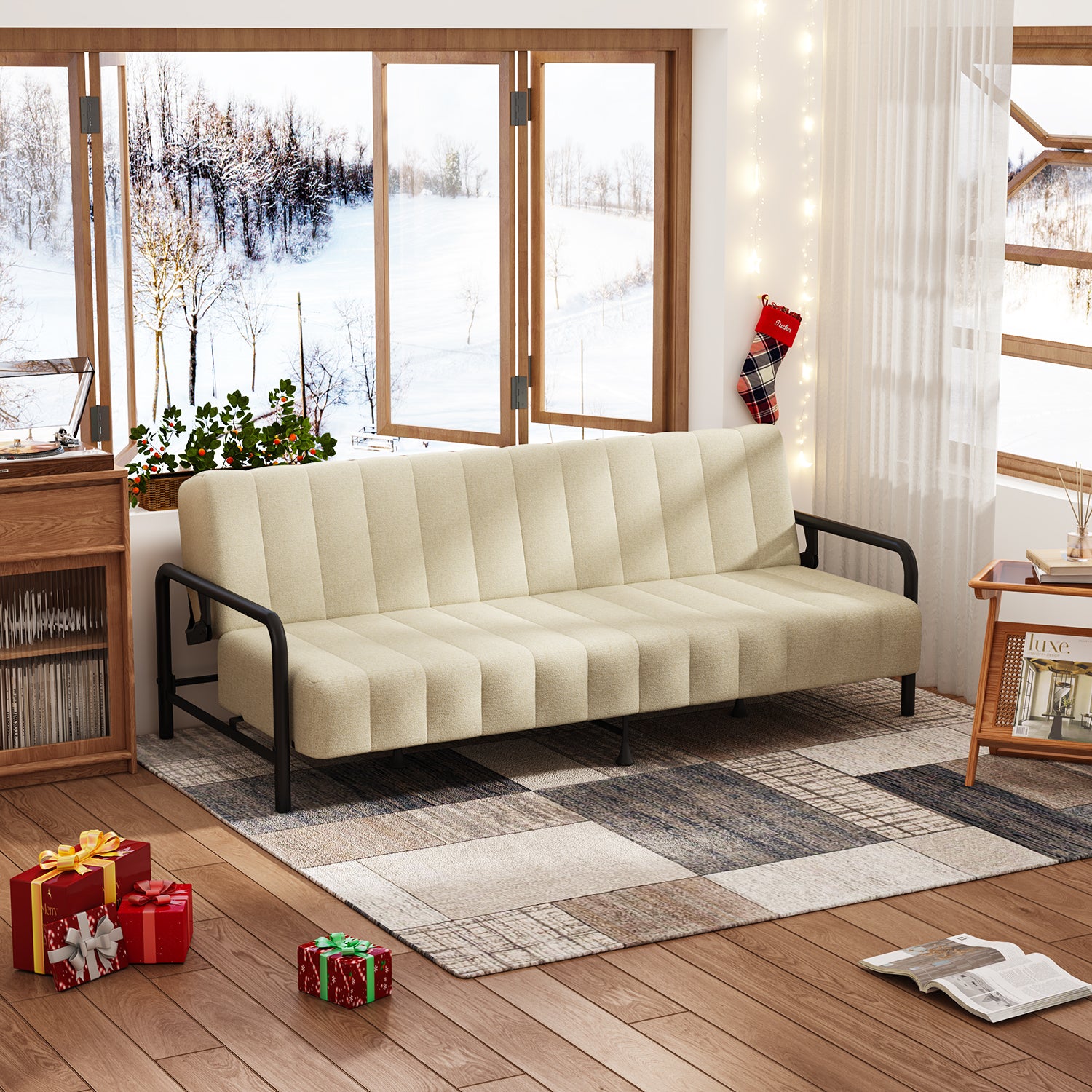 Sofá Cama Multifuncional: Tres ángulos Ajustables + Estructura de Muelles (Beige)