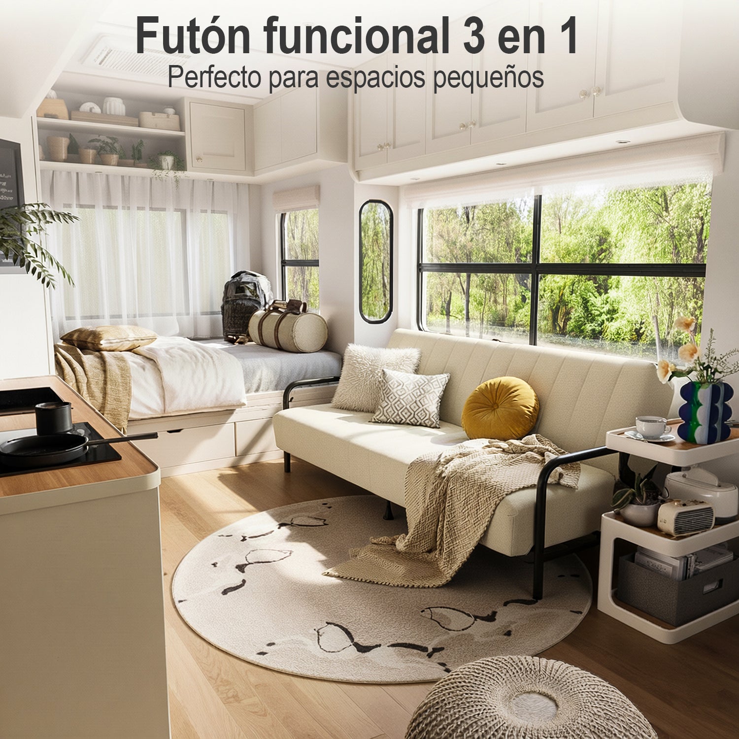 Sofá Cama Multifuncional: Tres ángulos Ajustables + Estructura de Muelles (Beige)