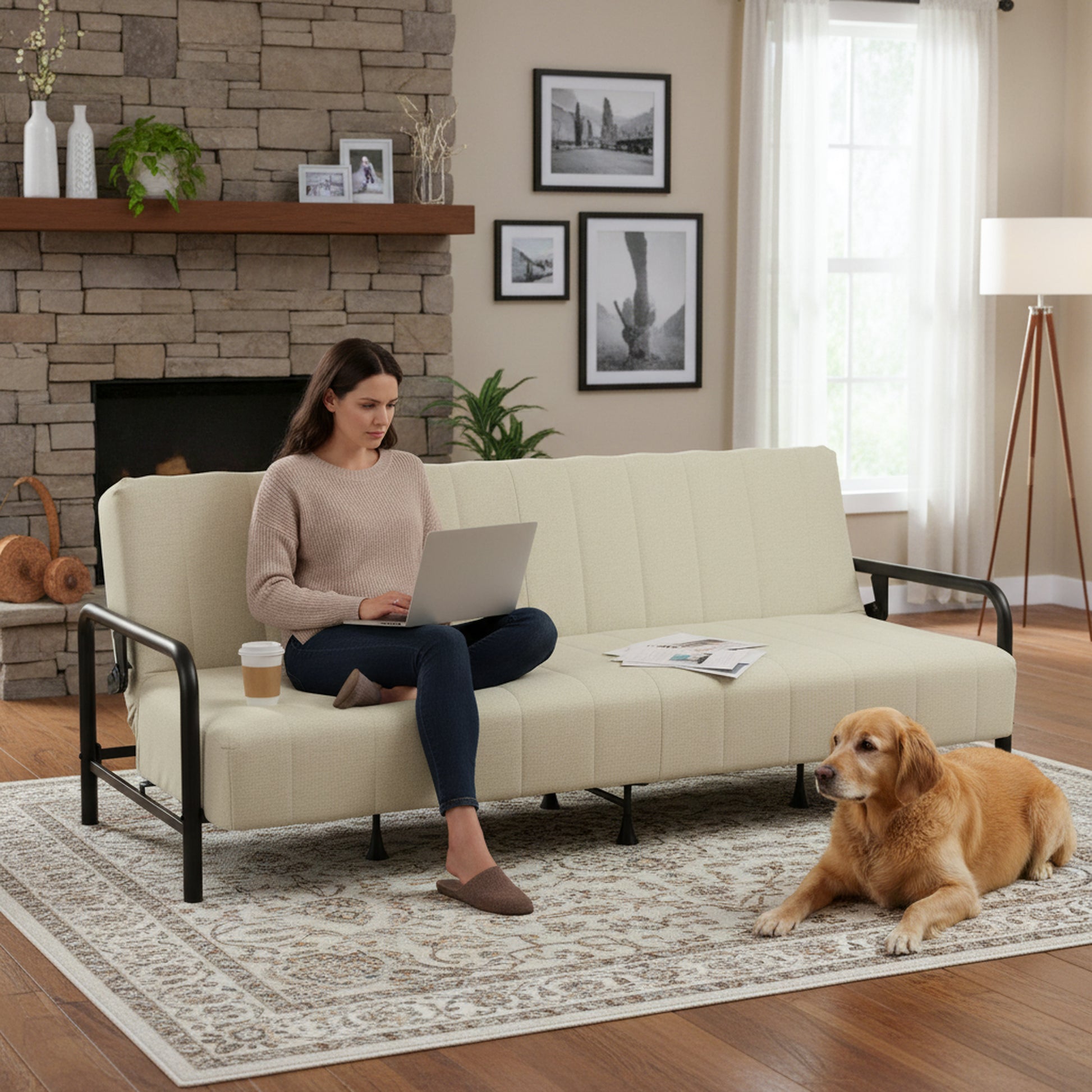 Sofá Cama Multifuncional: Tres ángulos Ajustables + Estructura de Muelles (Beige)