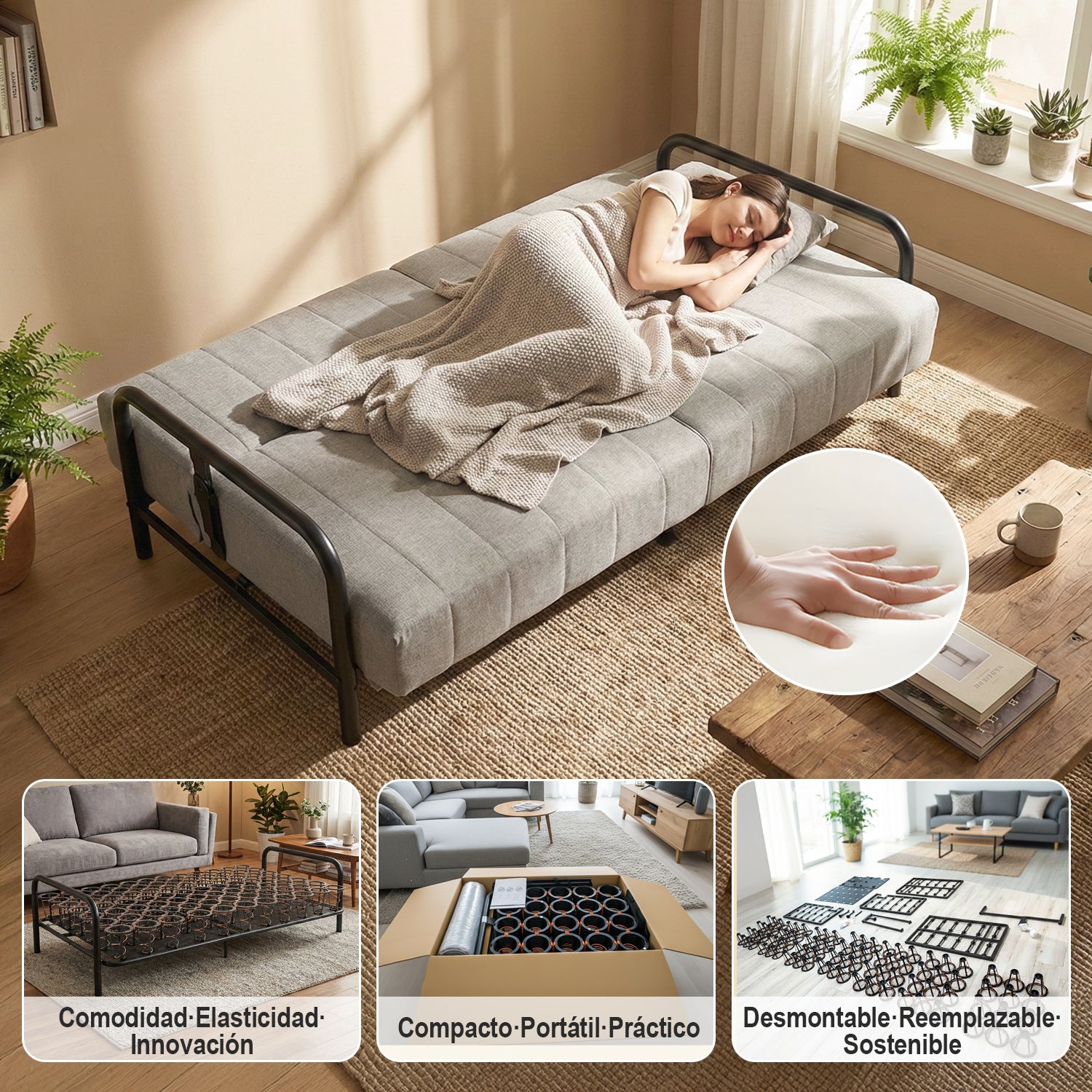 Sofá Cama Multifuncional: Tres ángulos Ajustables + Estructura de Muelles (Gris)