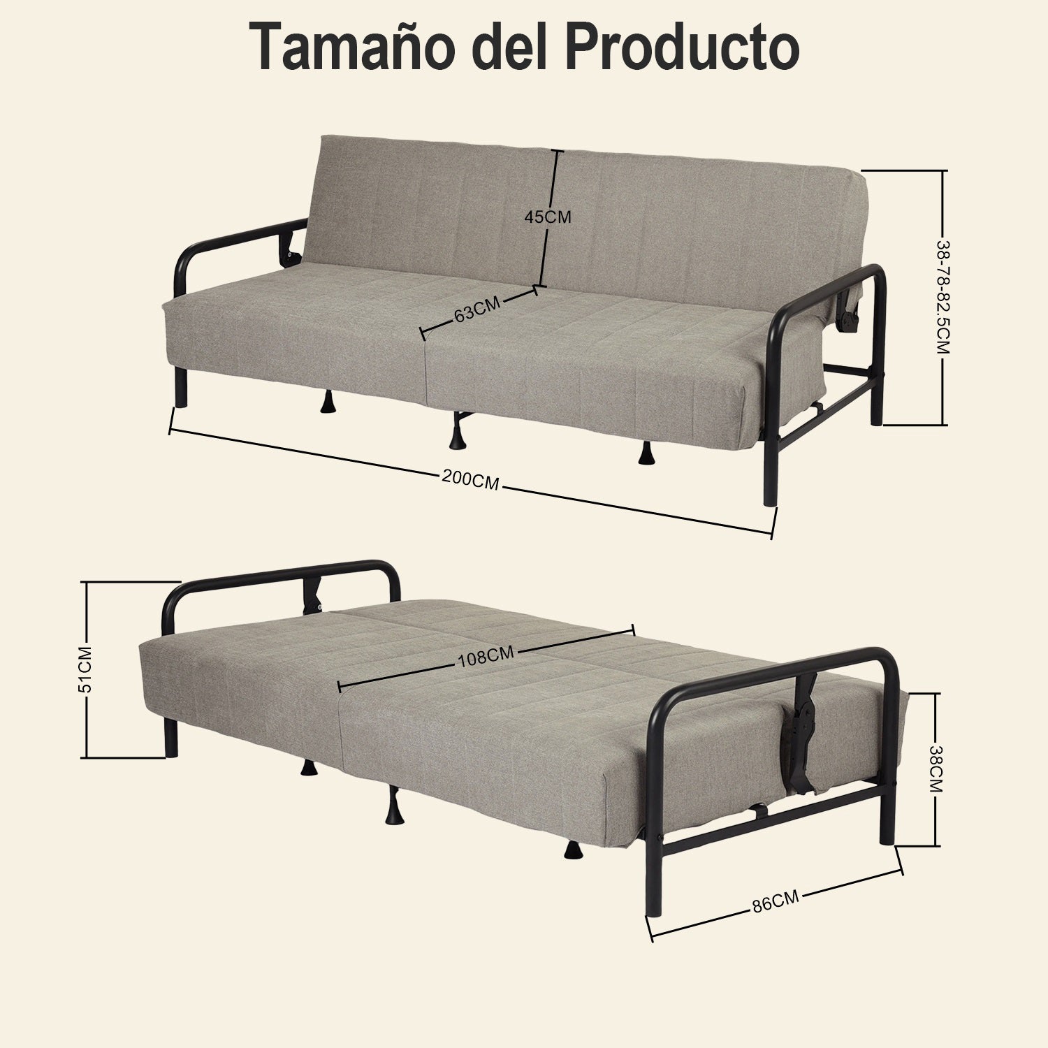 Sofá Cama Multifuncional: Tres ángulos Ajustables + Estructura de Muelles (Gris)