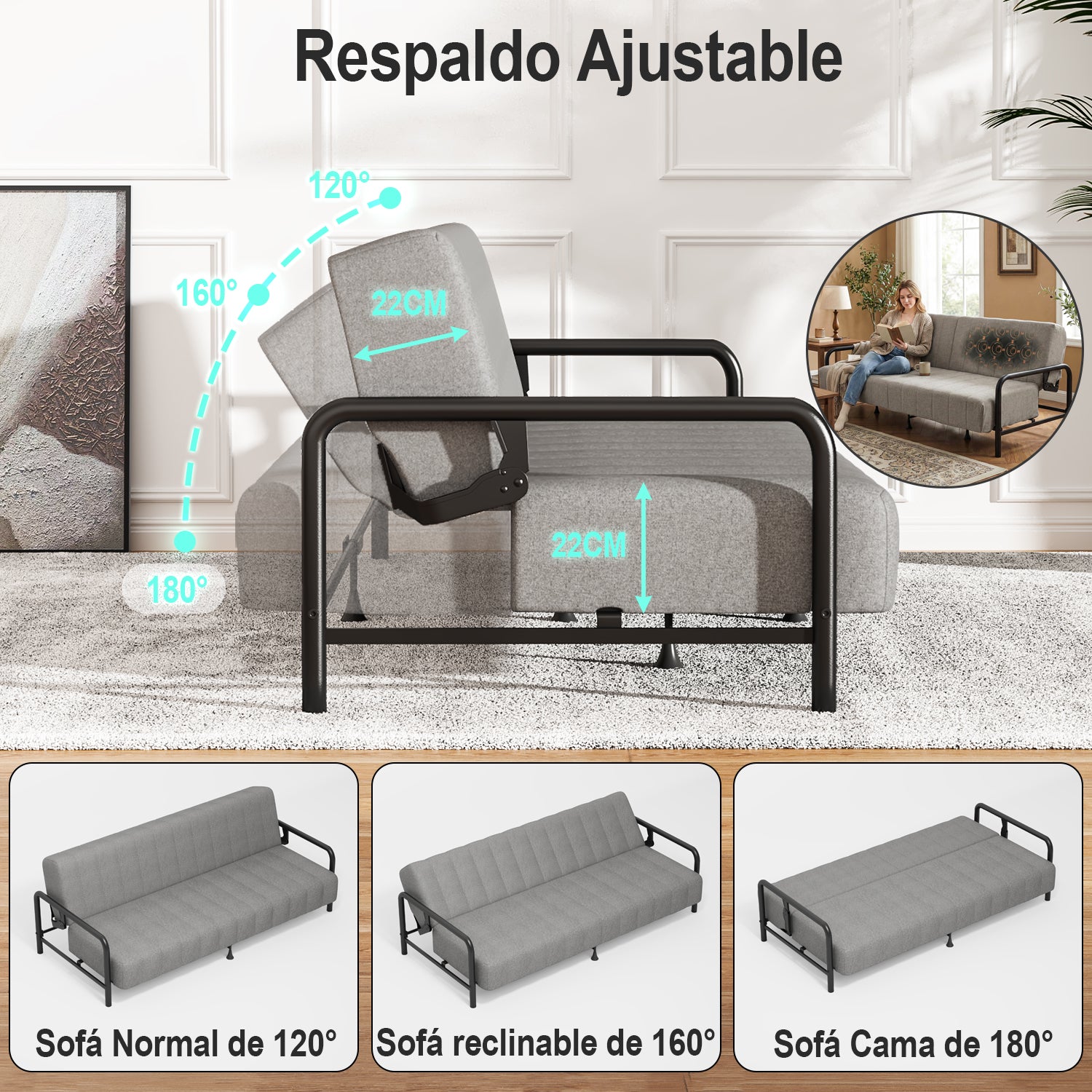 Sofá Cama Multifuncional: Tres ángulos Ajustables + Estructura de Muelles (Gris)