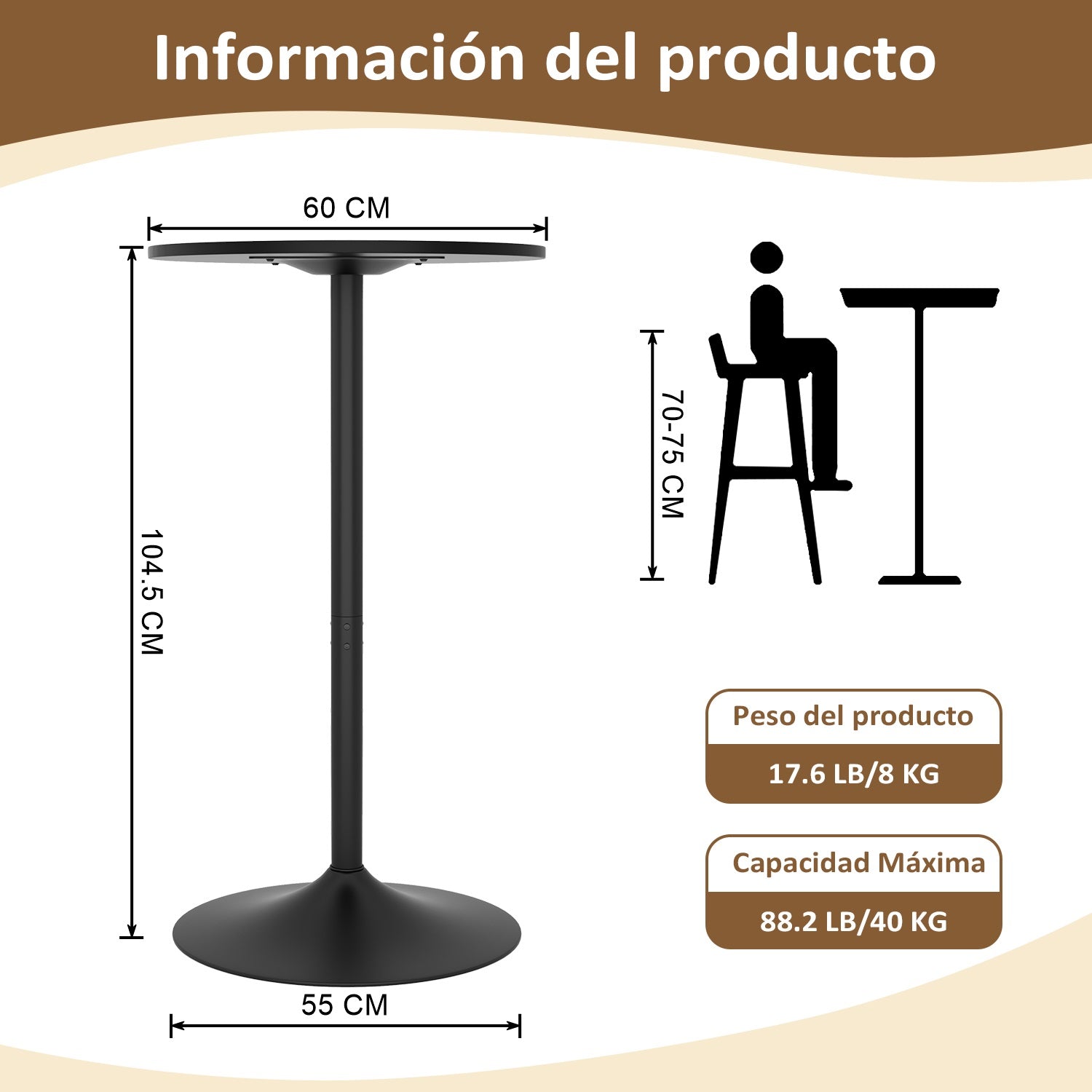 Mesa Alta Redonda de Altura Fija (Negro)