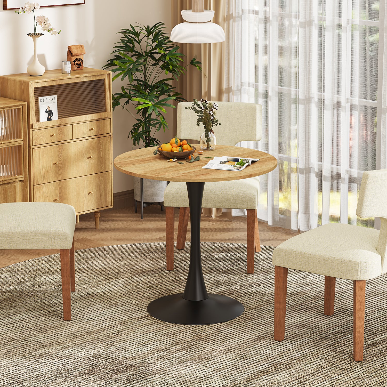 Mesa de Comedor Redonda de 80cm Adecuada para 2 a 4 Personas con Tablero de Madera y Patas Negras