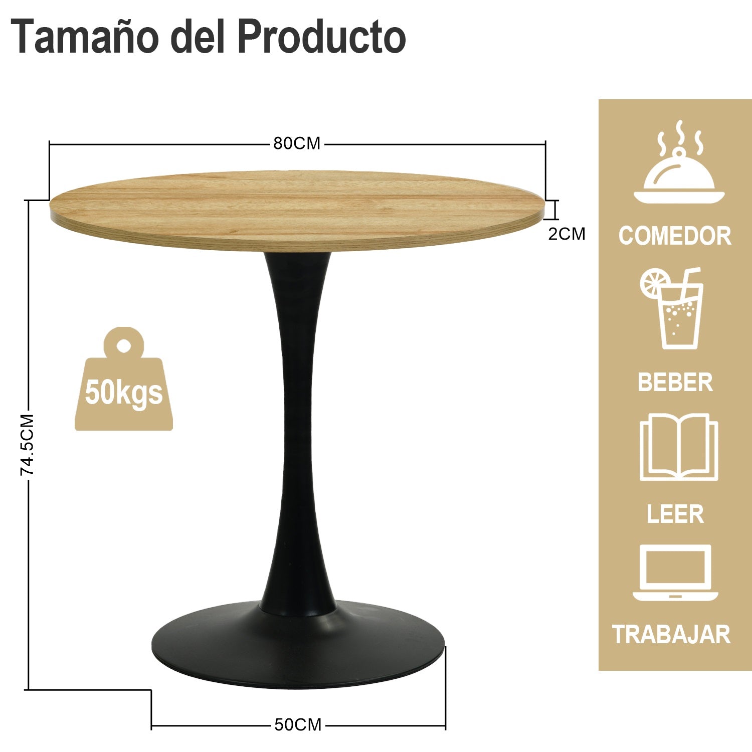 Mesa de Comedor Redonda de 80cm Adecuada para 2 a 4 Personas con Tablero de Madera y Patas Negras