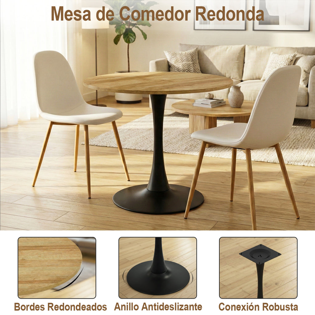 Mesa de Comedor Redonda de 80cm Adecuada para 2 a 4 Personas con Tablero de Madera y Patas Negras