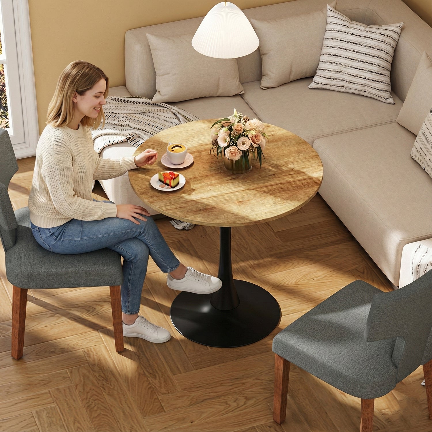 Mesa de Comedor Redonda de 80cm Adecuada para 2 a 4 Personas con Tablero de Madera y Patas Negras