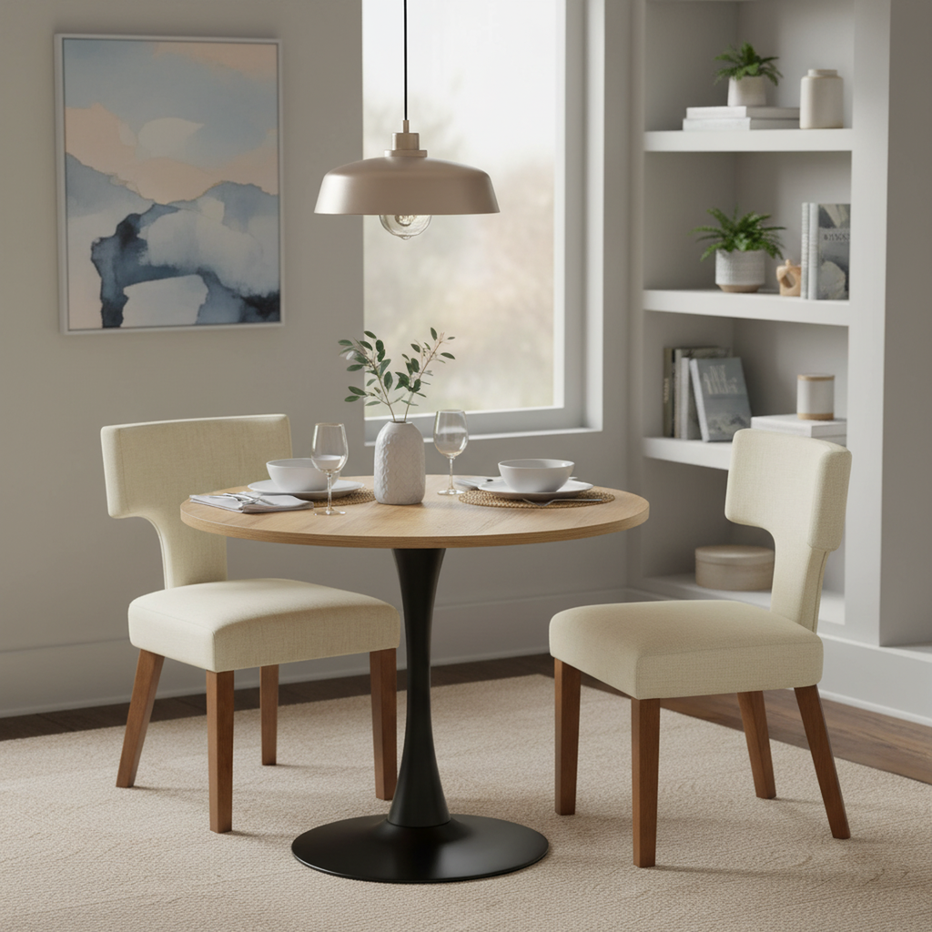 Mesa de Comedor Redonda de 80cm Adecuada para 2 a 4 Personas con Tablero de Madera y Patas Negras