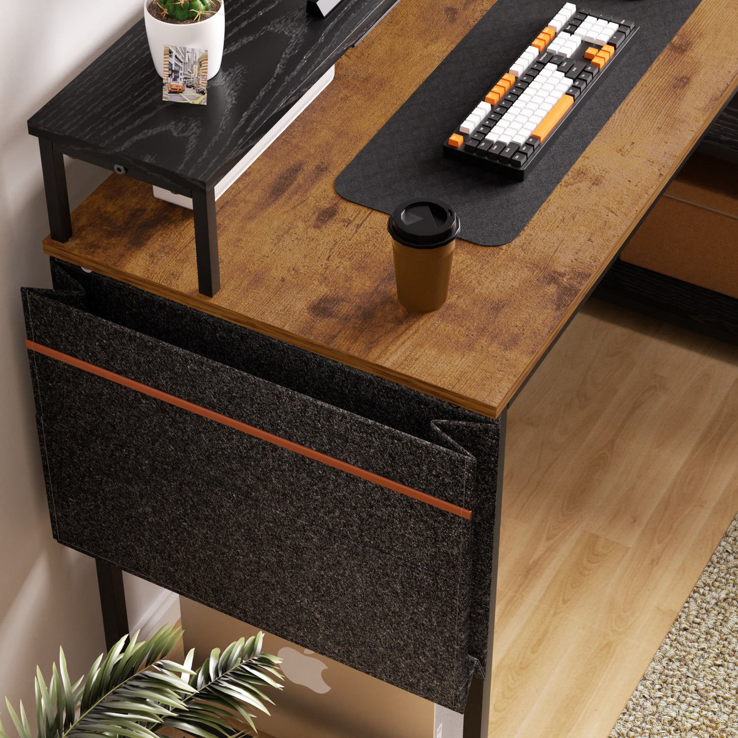 Escritorio para Computadora en Forma de L con Estantes, con Puertos USB y Bolsa de Almacenamiento 120x83x88cm Marrón+Negro