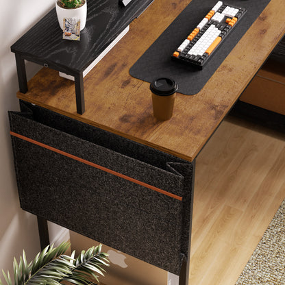 Escritorio para Computadora en Forma de L con Estantes, con Puertos USB y Bolsa de Almacenamiento 120x83x88cm Marrón+Negro