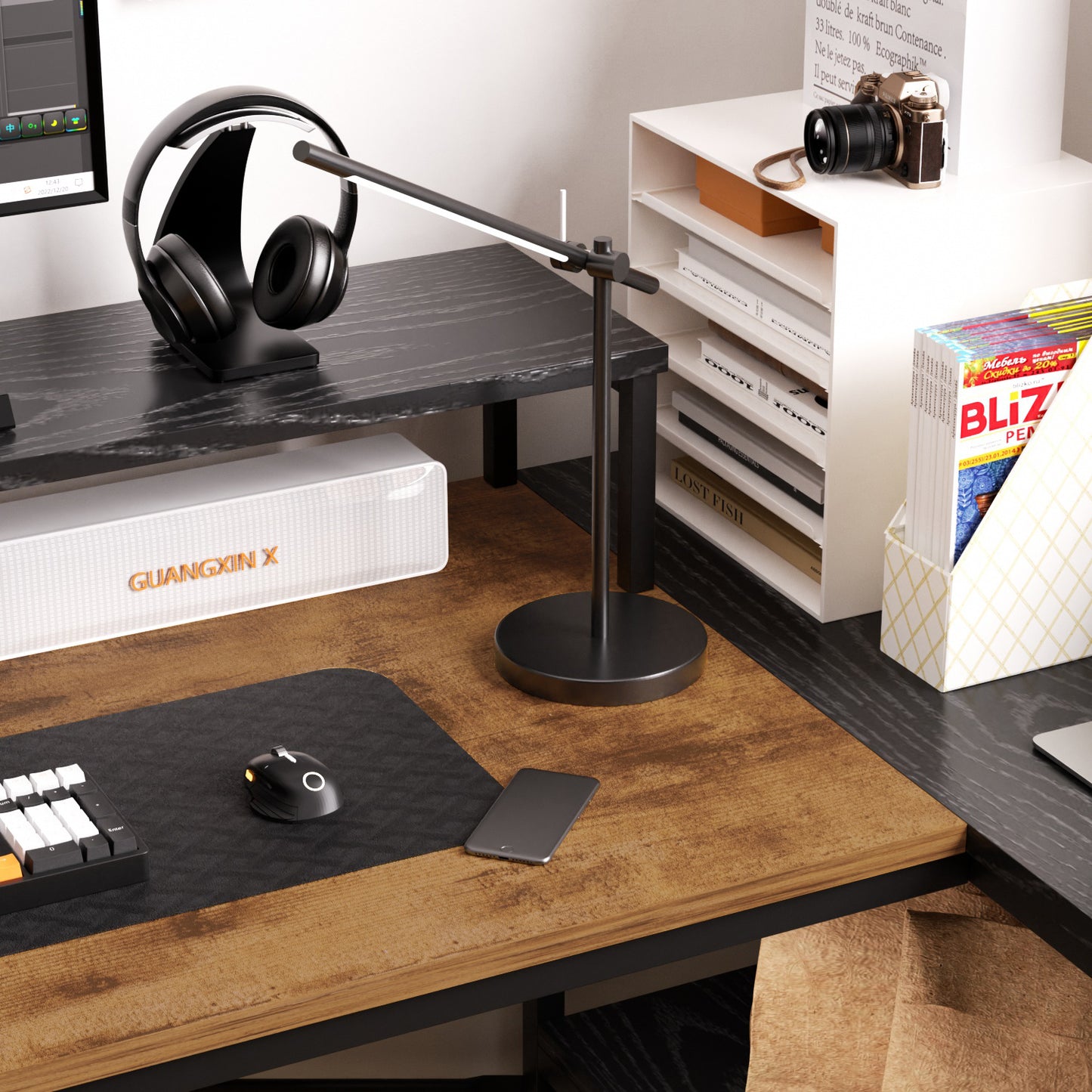 Escritorio para Computadora en Forma de L con Estantes, con Puertos USB y Bolsa de Almacenamiento 120x83x88cm Marrón+Negro