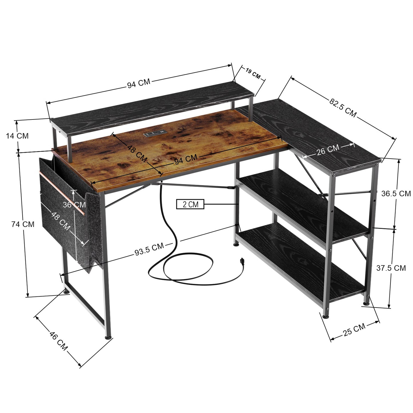 Escritorio para Computadora en Forma de L con Estantes, con Puertos USB y Bolsa de Almacenamiento 120x83x88cm Marrón+Negro