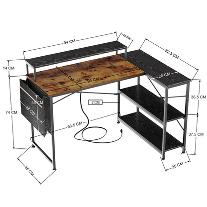 Escritorio para Computadora en Forma de L con Estantes, con Puertos USB y Bolsa de Almacenamiento 120x83x88cm Marrón+Negro