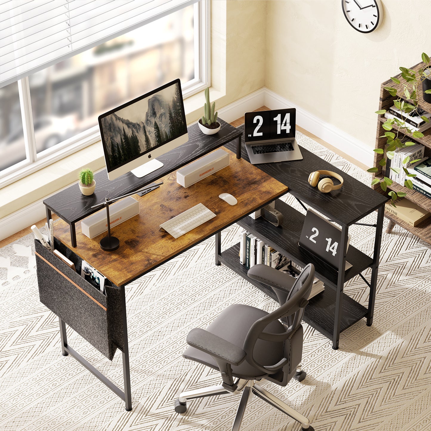 Escritorio para Computadora en Forma de L con Estantes, con Puertos USB y Bolsa de Almacenamiento 120x83x88cm Marrón+Negro