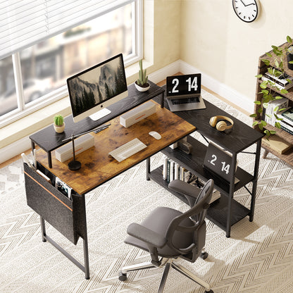 Escritorio para Computadora en Forma de L con Estantes, con Puertos USB y Bolsa de Almacenamiento 120x83x88cm Marrón+Negro