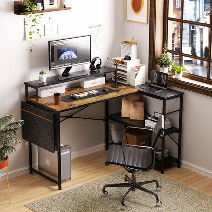 Escritorio para Computadora en Forma de L con Estantes, con Puertos USB y Bolsa de Almacenamiento 120x83x88cm Marrón+Negro