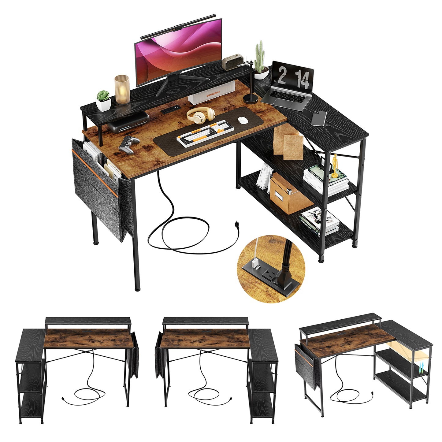 Escritorio para Computadora en Forma de L con Estantes, con Puertos USB y Bolsa de Almacenamiento 120x83x88cm Marrón+Negro