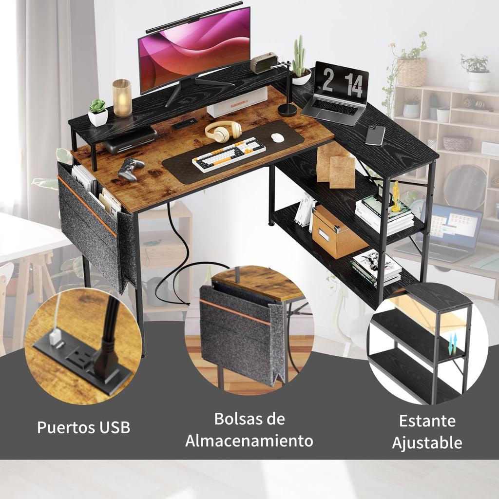 Escritorio para Computadora en Forma de L con Estantes, con Puertos USB y Bolsa de Almacenamiento 120x83x88cm Marrón+Negro