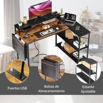 Escritorio para Computadora en Forma de L con Estantes, con Puertos USB y Bolsa de Almacenamiento 120x83x88cm Marrón+Negro