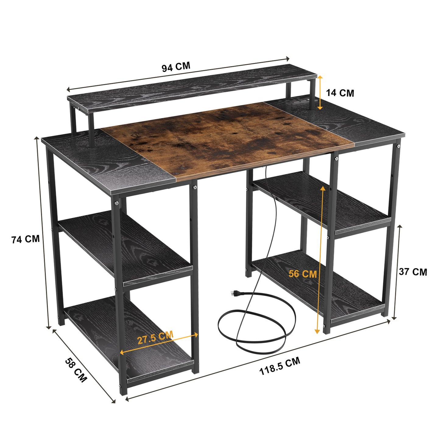 Escritorio de Almacenamiento con Puerto USB Con Estantes A Ambos Lados con Soporte para Monitor 120 X 60 X 88 cm