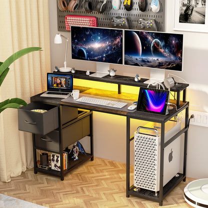 Escritorio de Ordenador con Estante LED USB Negro + Vintage