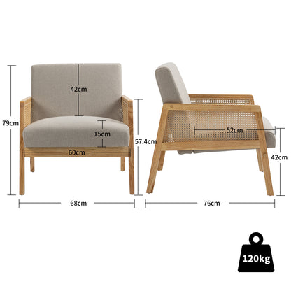 Sillón Moderno Individual con Tapizado de Malla de Ratán y Estructura de Madera Color Beige