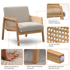 Sillón Moderno Individual con Tapizado de Malla de Ratán y Estructura de Madera Color Beige