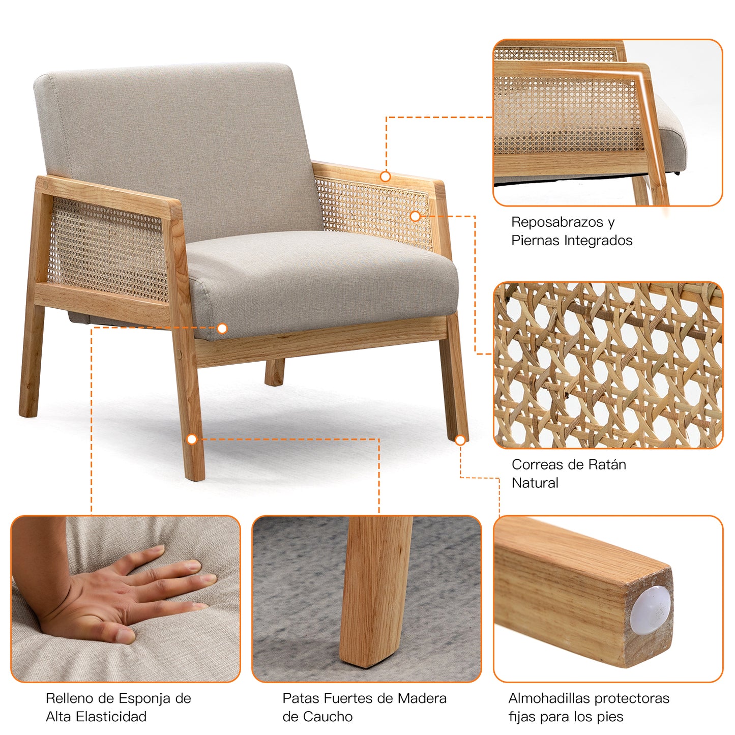 Sillón Moderno Individual con Tapizado de Malla de Ratán y Estructura de Madera Color Beige