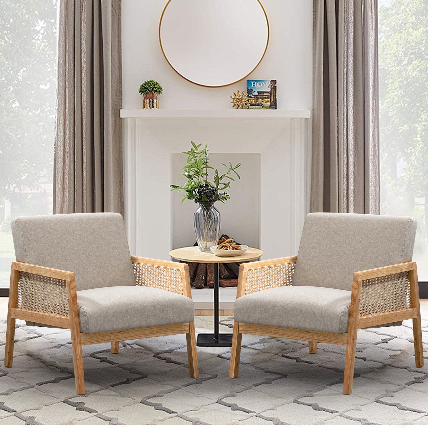 Sillón Moderno Individual con Tapizado de Malla de Ratán y Estructura de Madera Color Beige