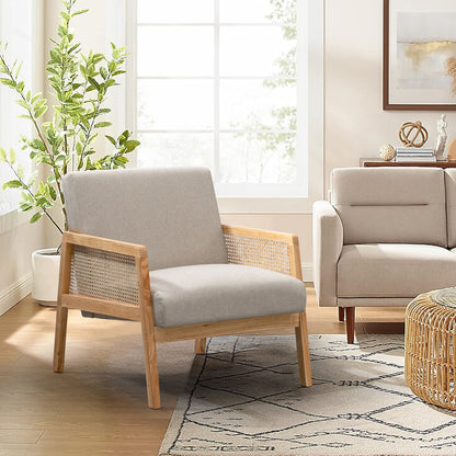 Sillón Moderno Individual con Tapizado de Malla de Ratán y Estructura de Madera Color Beige
