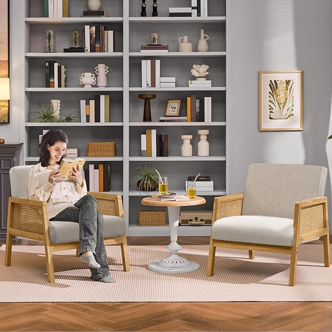 Sillón Moderno Individual con Tapizado de Malla de Ratán y Estructura de Madera Color Beige