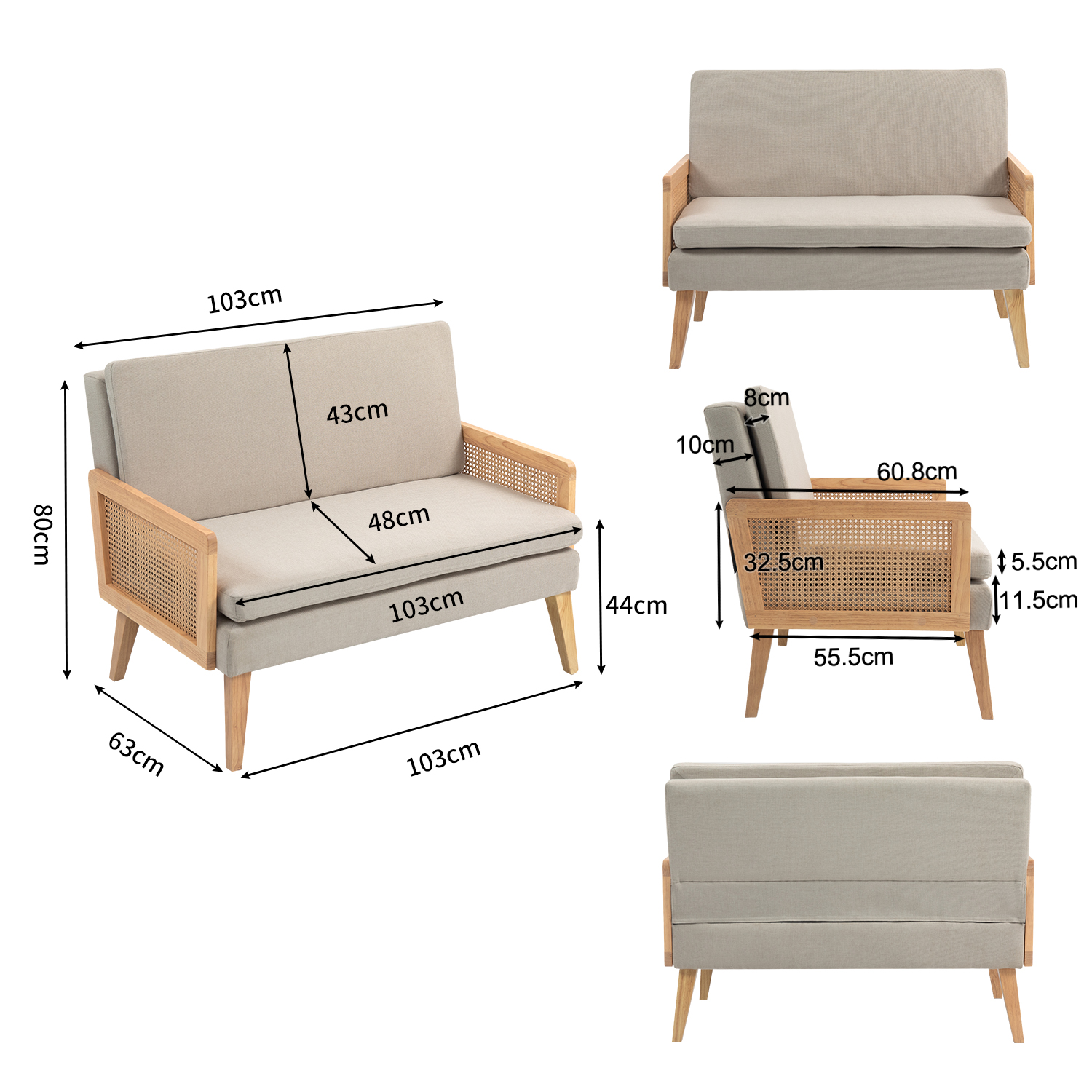Moderno Sofá de Dos Plazas Diseño de Malla de Ratán Estructura de Madera Beige
