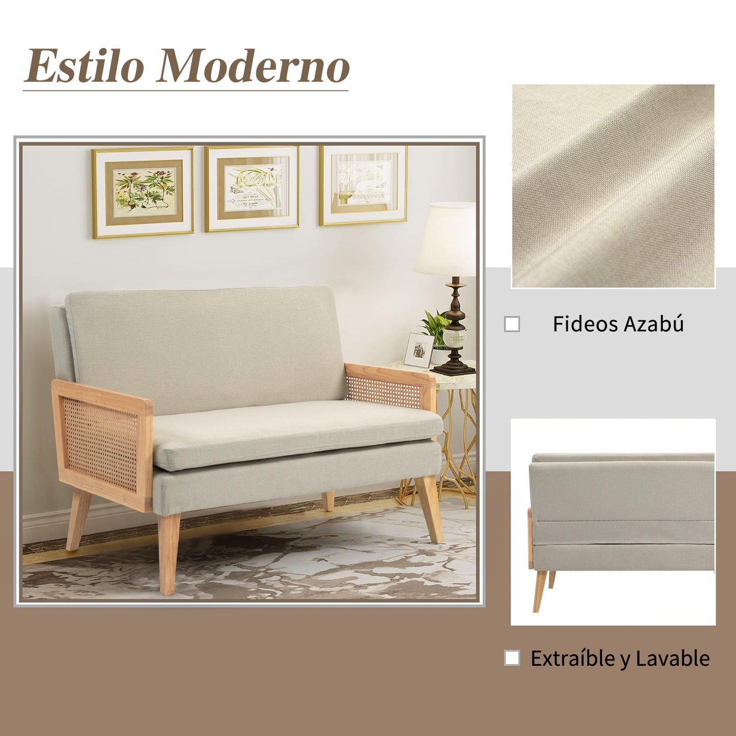Moderno Sofá de Dos Plazas Diseño de Malla de Ratán Estructura de Madera Beige