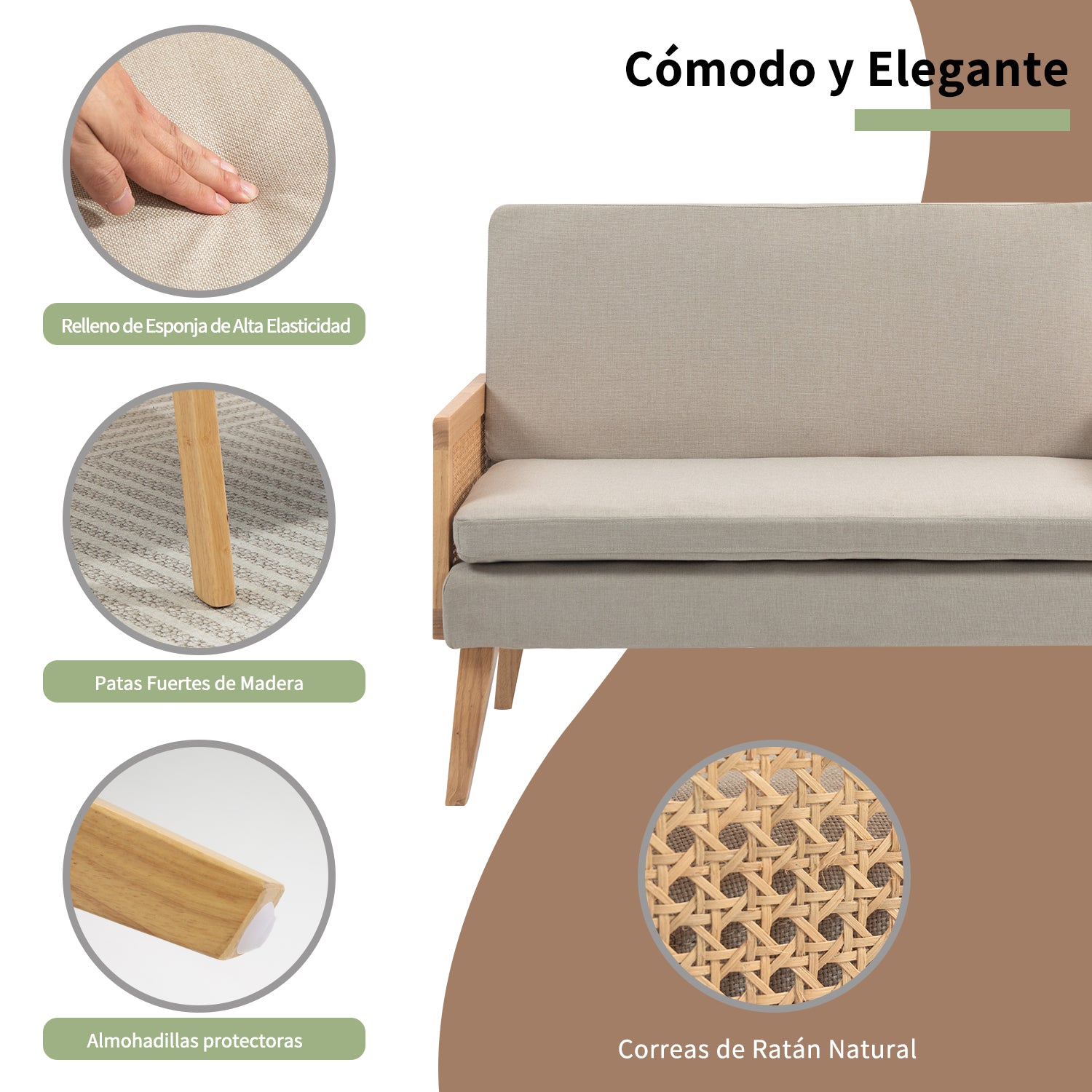 Moderno Sofá de Dos Plazas Diseño de Malla de Ratán Estructura de Madera Beige