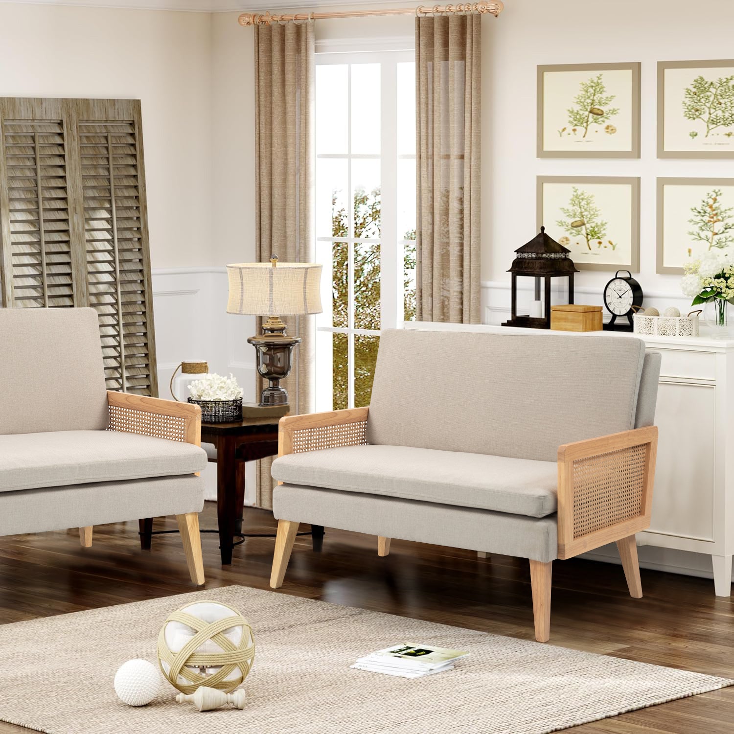 Moderno Sofá de Dos Plazas Diseño de Malla de Ratán Estructura de Madera Beige