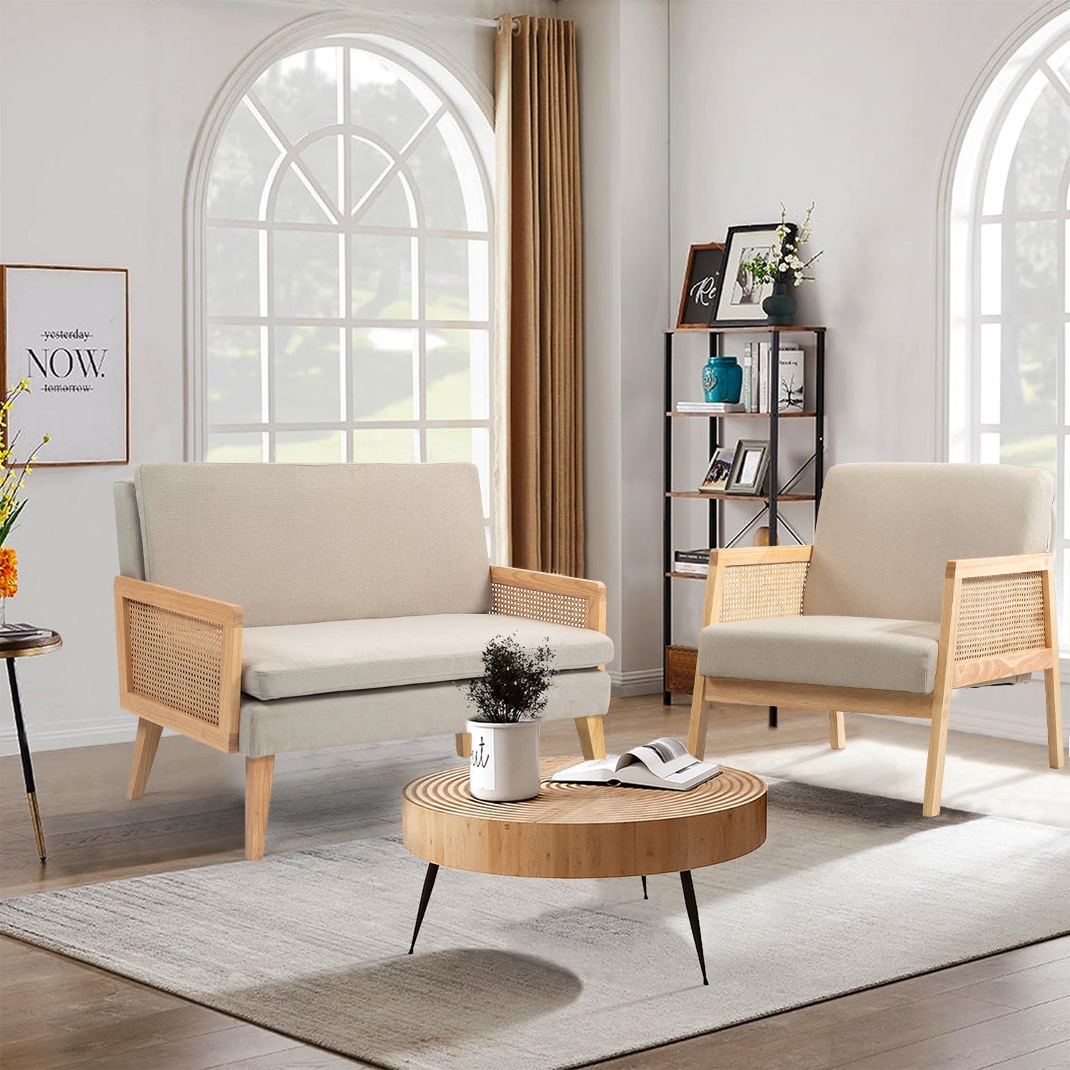 Moderno Sofá de Dos Plazas Diseño de Malla de Ratán Estructura de Madera Beige