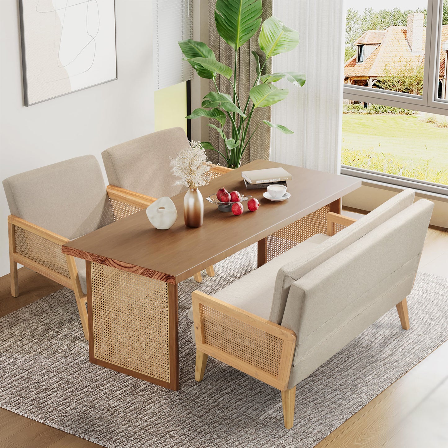 Moderno Sofá de Dos Plazas Diseño de Malla de Ratán Estructura de Madera Beige
