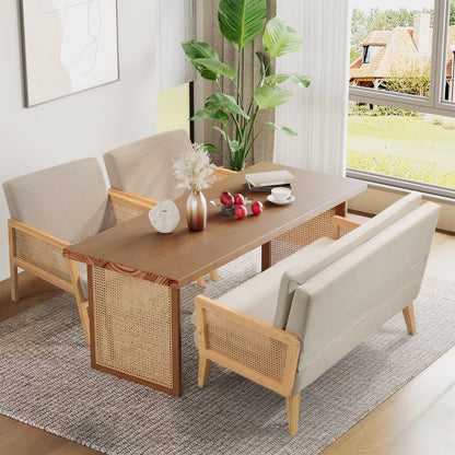 Moderno Sofá de Dos Plazas Diseño de Malla de Ratán Estructura de Madera Beige