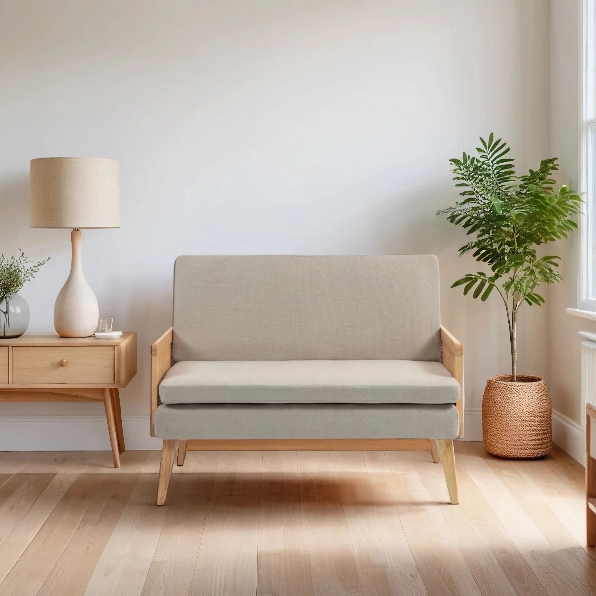 Moderno Sofá de Dos Plazas Diseño de Malla de Ratán Estructura de Madera Beige