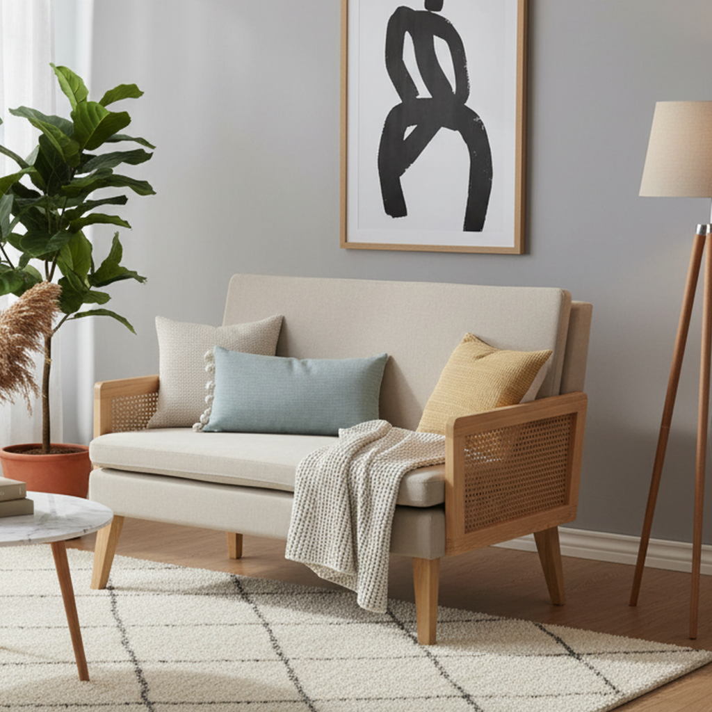 Moderno Sofá de Dos Plazas Diseño de Malla de Ratán Estructura de Madera Beige