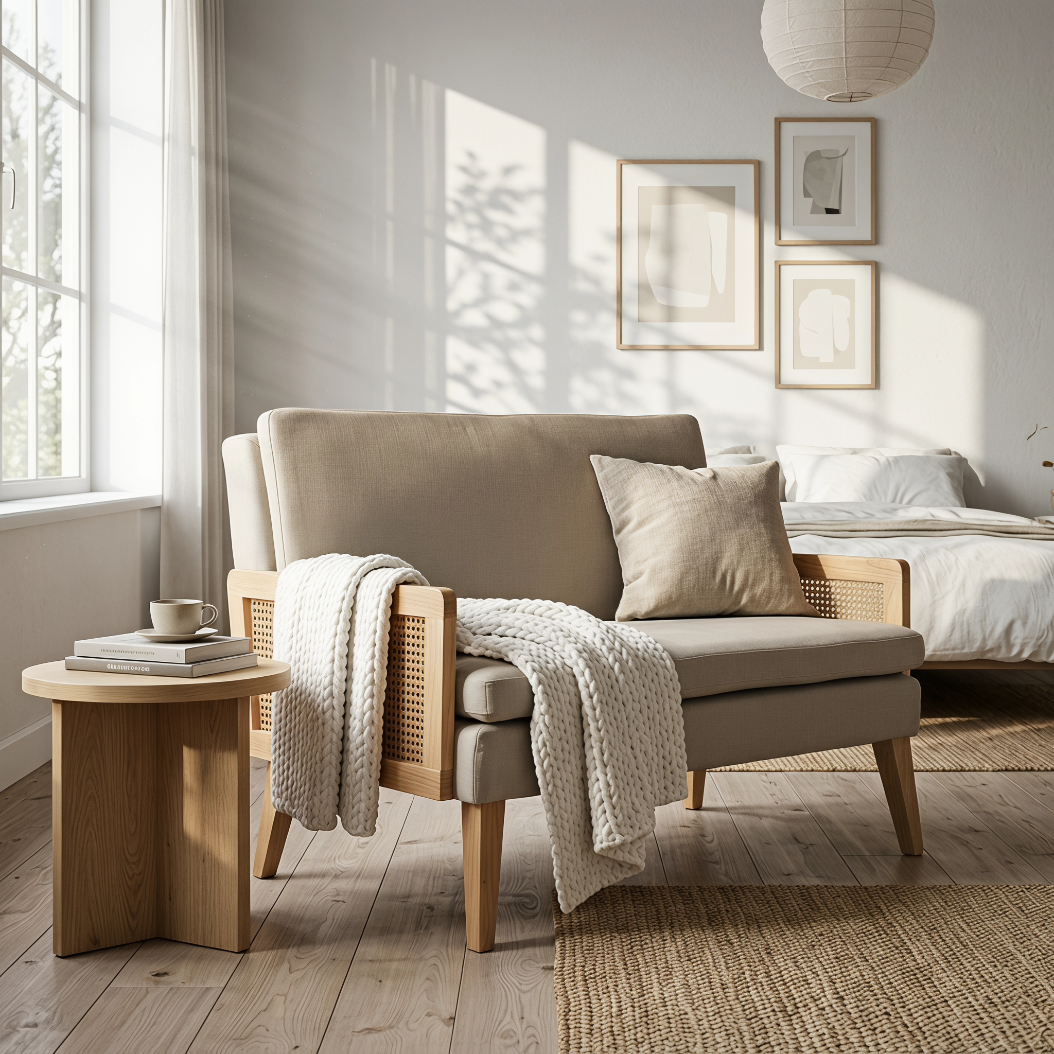 Moderno Sofá de Dos Plazas Diseño de Malla de Ratán Estructura de Madera Beige