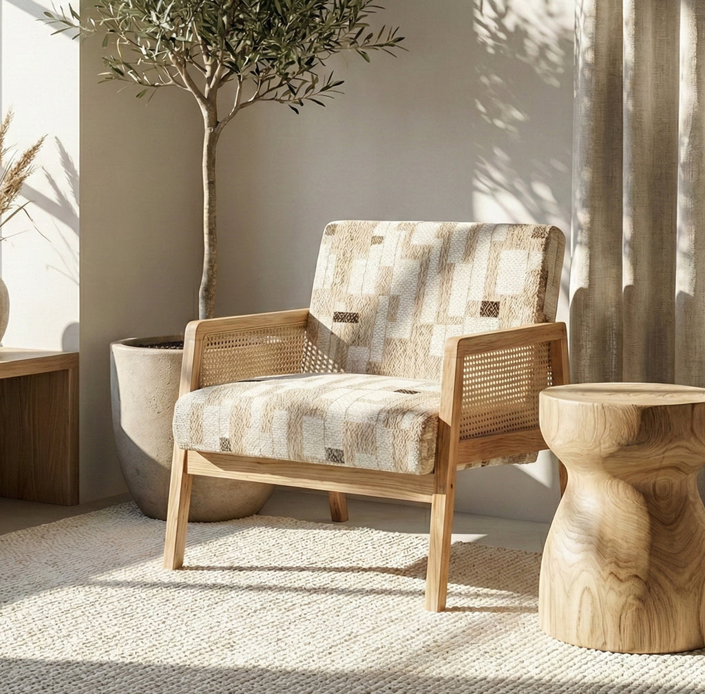 Cyber Homemake ● Sillón Individual con Diseño de Ratán Tejido y Estructura de Madera (Beige)