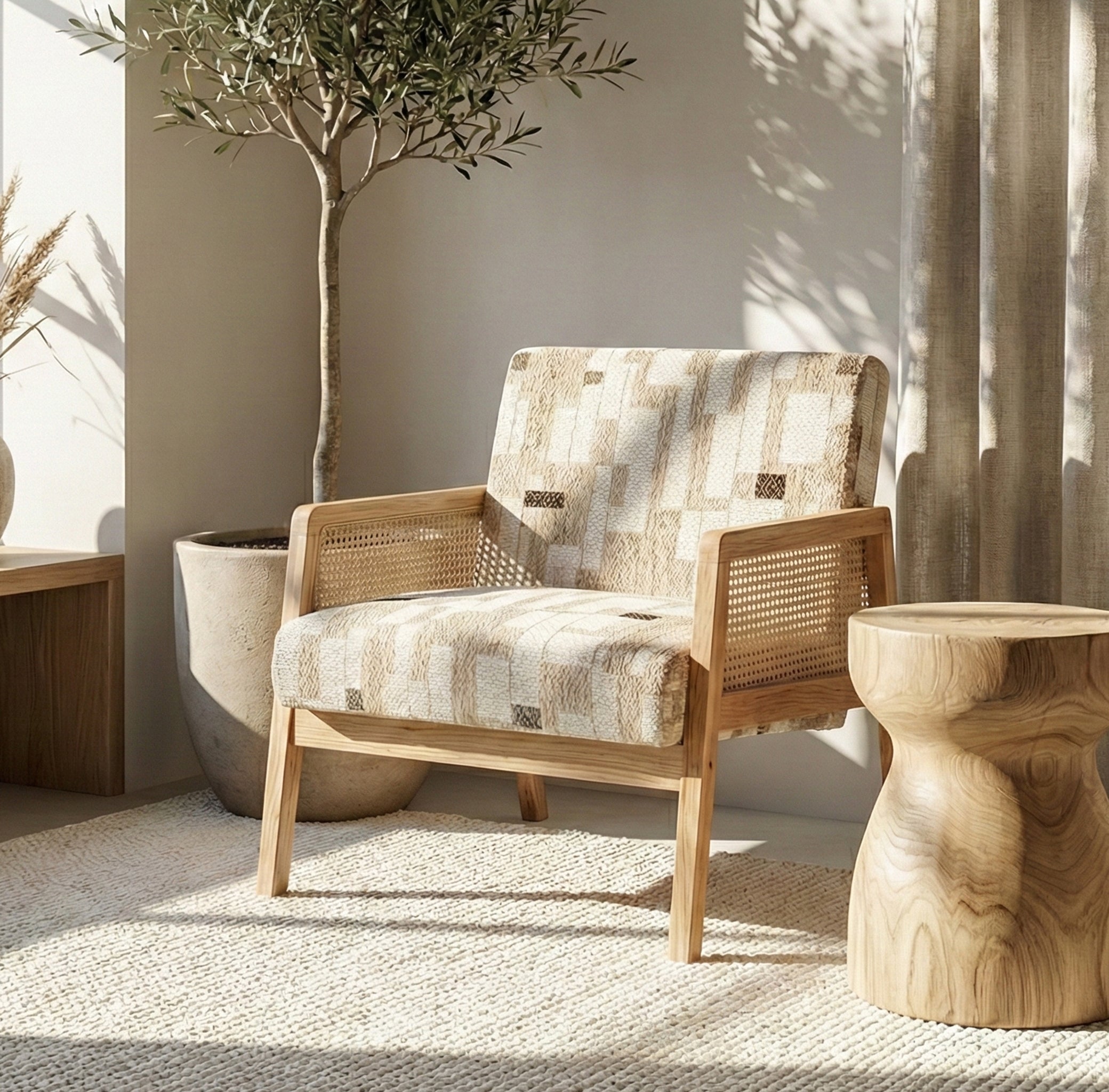 Cyber Home Make ● Sillón Individual con Diseño de Ratán Tejido y Estructura de Madera (Beige)