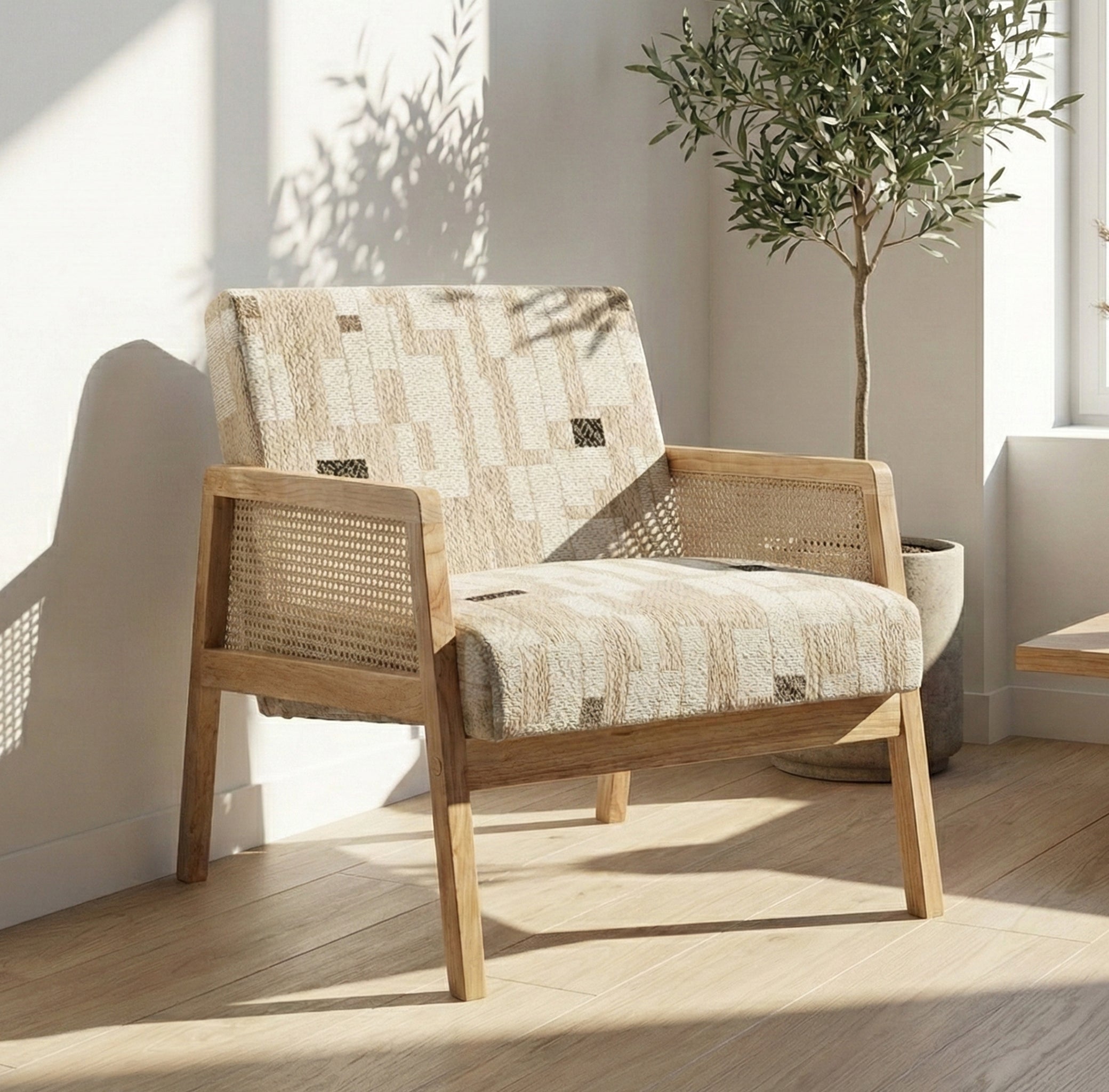 Cyber Home Make ● Sillón Individual con Diseño de Ratán Tejido y Estructura de Madera (Beige)